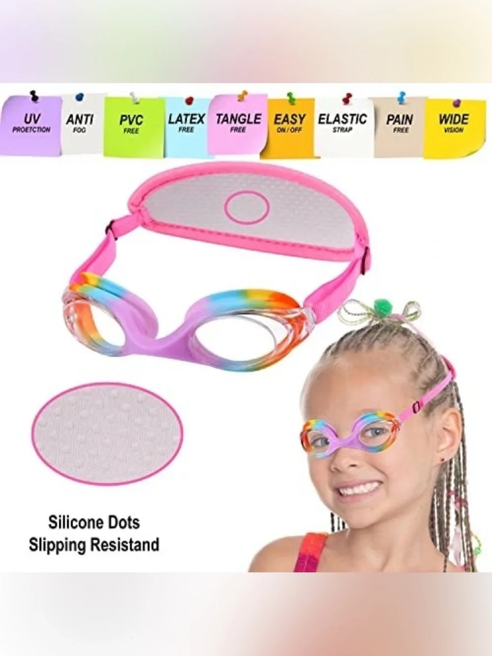Kids Swim Goggles Age 3-8 Jr Rainbow Unicorn Case No Hair Pull Anti-Fog UV New